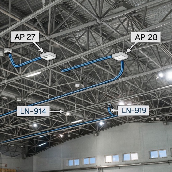 Arena ceiling truss with wireless access points and annotated cable paths.