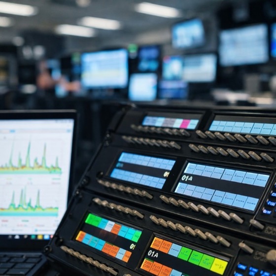 Broadcast intercom matrix with illuminated controls and a laptop showing technical monitoring in a production control room.