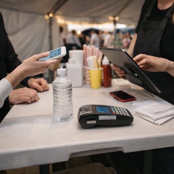 Outdoor event counter with payment terminal and staff using a tablet during a transaction.